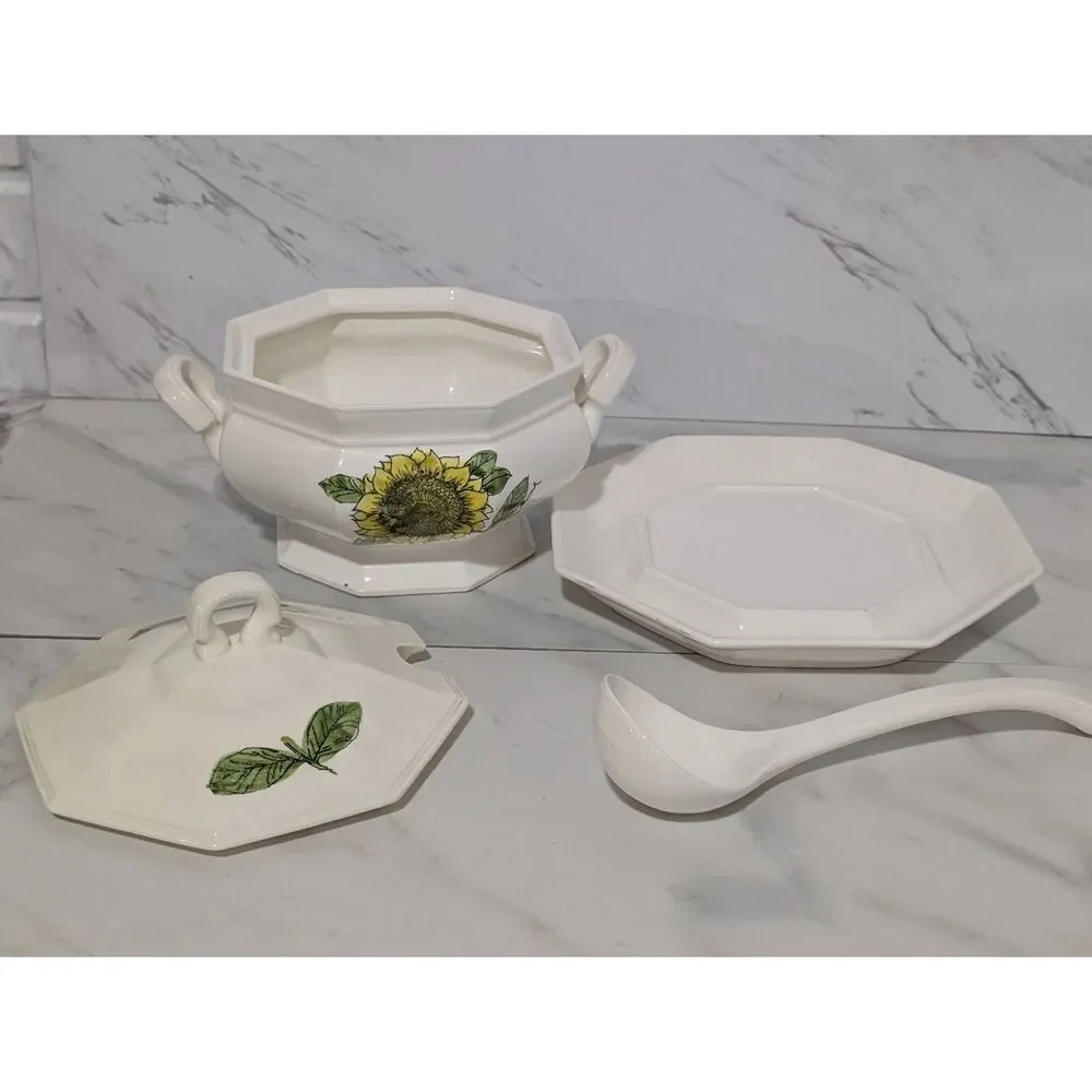 Georges Briard MCM Ceramic Tureen Lid Ladle & Platter Sunflower Pattern